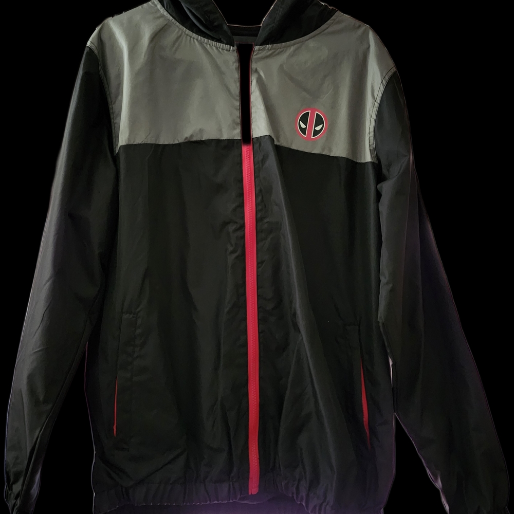 Marvel Deadpool Black and Gray Hooded Windbreaker with Red Trim